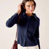 Navy ribbed Oxford button-down shirt with long sleeves and a pointed collar.