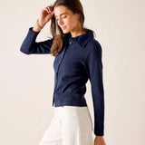 Navy ribbed oxford button-down top with a pointed collar and full sleeves.