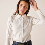 White ribbed oxford button-down shirt with a collar and long sleeves.