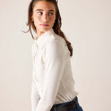 White ribbed Oxford button-down shirt with long sleeves and a collar.