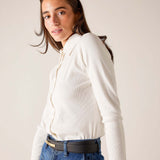 White button-down ribbed Oxford top with long sleeves and a collar.