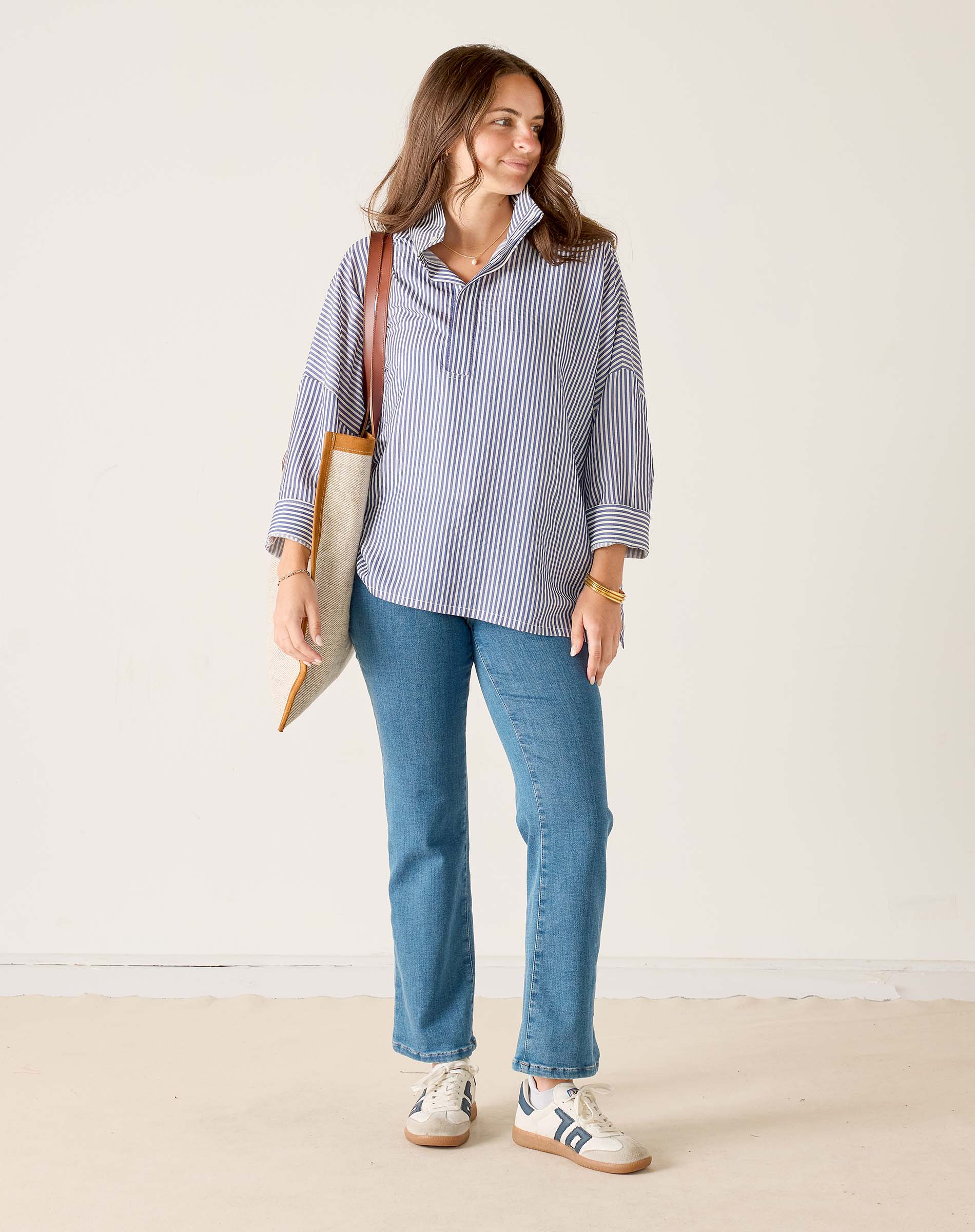 Women's Blue Striped Pop Up Collar Shirt