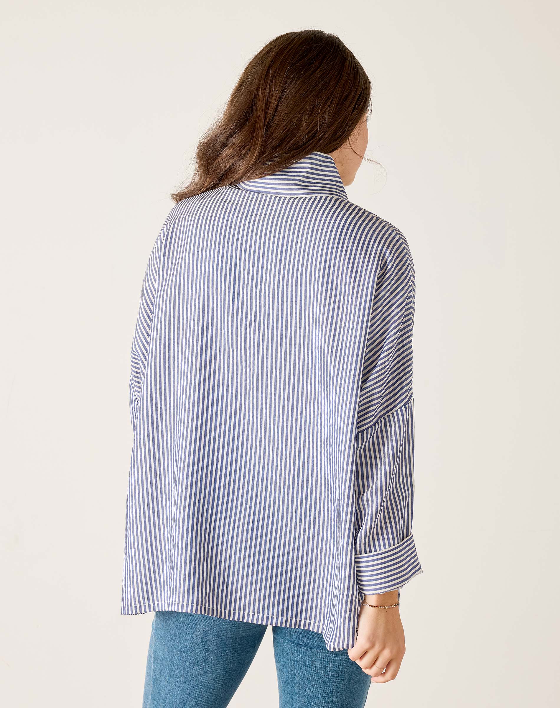 Women's Blue Striped Pop Up Collar Shirt