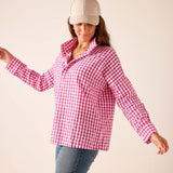 Dark pink gingham button-up shirt with a camp collar.
