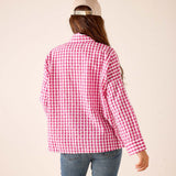 Back view of women's travel-friendly dark pink gingham cotton button-down shirt