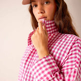Dark pink gingham cotton button-up shirt with a tall collar.