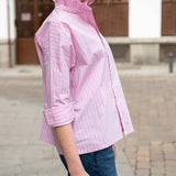 Rose pinstripe shirt with an Elizabethan collar and long sleeves
