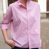 Rose pinstripe top with an Elizabethan collar and button front