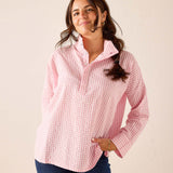 Light pink gingham cotton button-down shirt with a relaxed fit and stand collar.