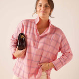 Ladies' travel-ready pink plaid oversized button-down shirt in cotton linen blend.