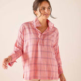 Pink plaid button-down shirt featuring a soft oversized fit and lightweight woven fabric.