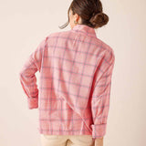 Back view of the pink and navy plaid button-down shirt featuring a relaxed fit and soft cotton fabric.