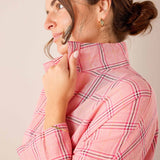 Pink plaid button-up shirt with a stand collar.