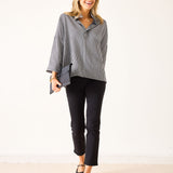 Women's Black Striped Pop Up Collar Shirt
