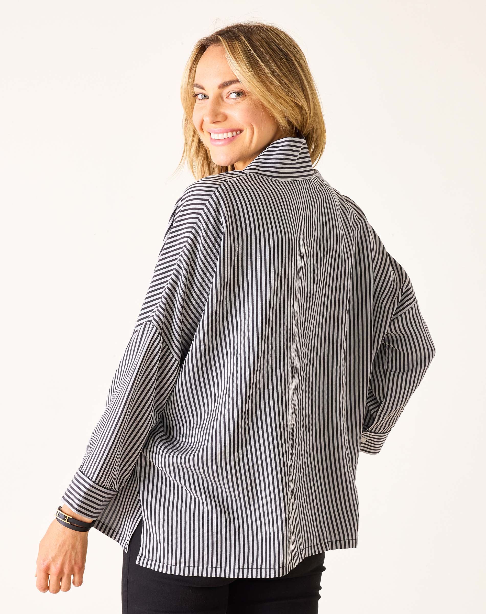 Women's Black Striped Pop Up Collar Shirt