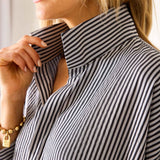 Women's Black Striped Pop Up Collar Shirt