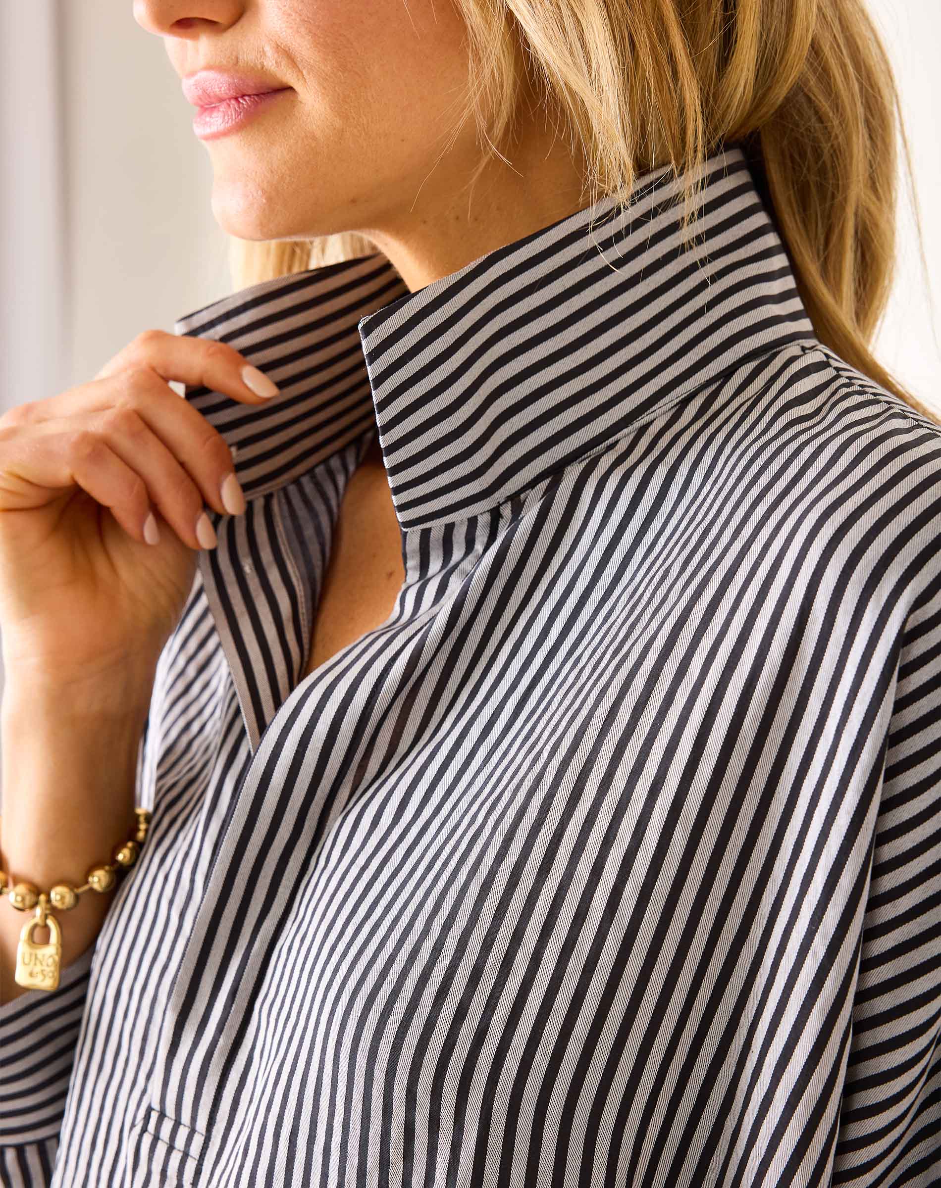 Women's Black Striped Pop Up Collar Shirt