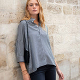 Women's Black Striped Pop Up Collar Shirt