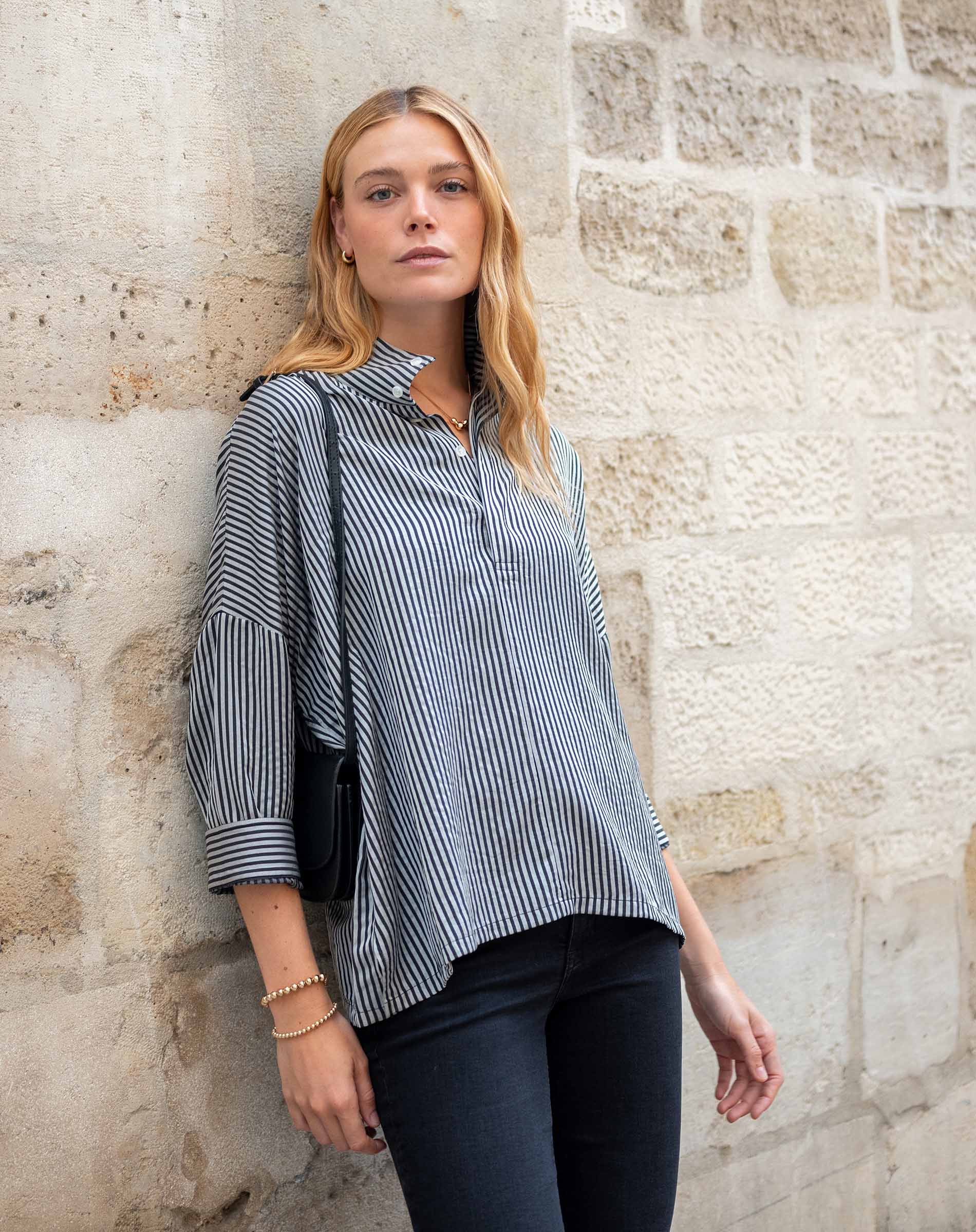 Women's Black Striped Pop Up Collar Shirt