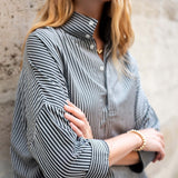 Women's Black Striped Pop Up Collar Shirt