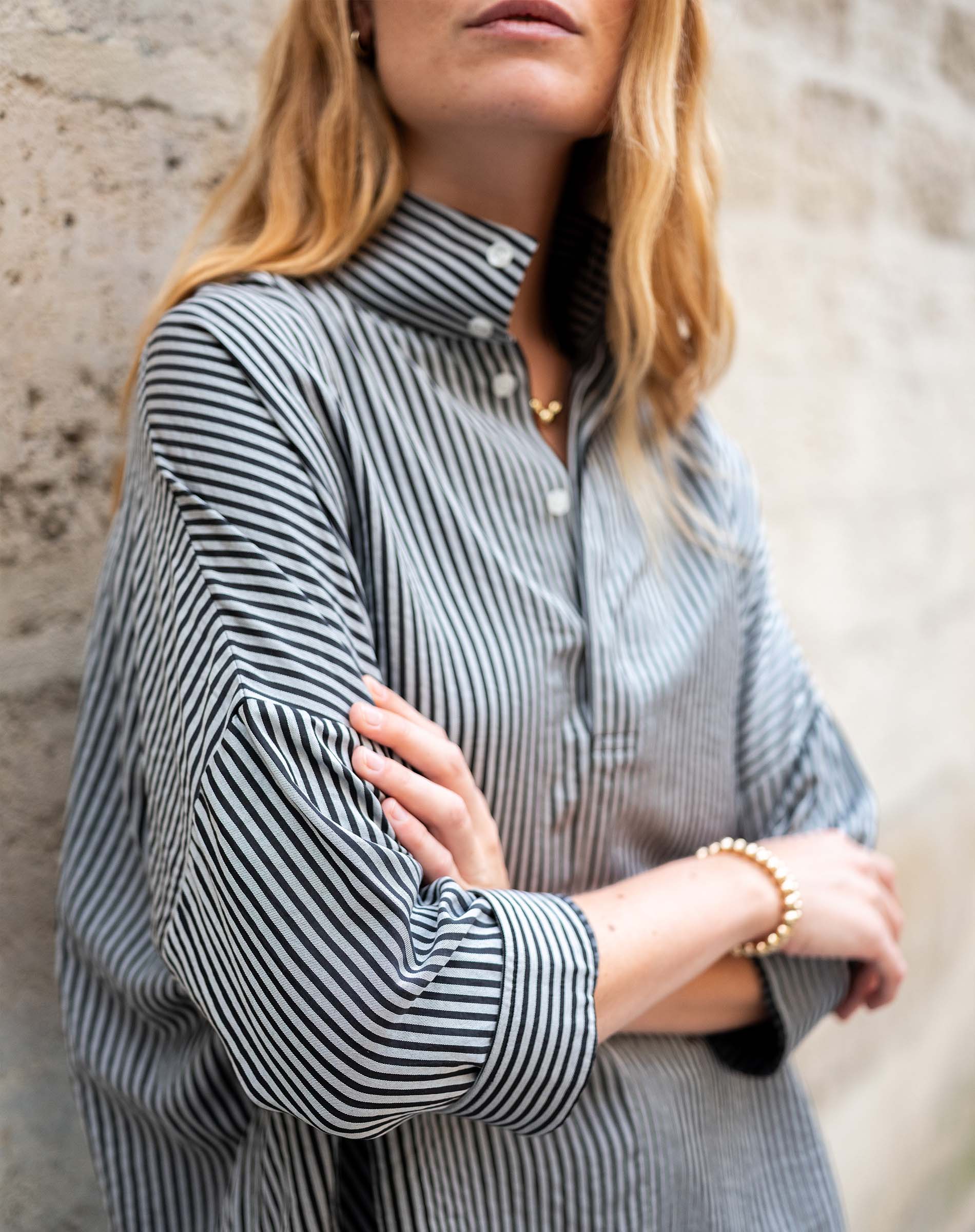 Women's Black Striped Pop Up Collar Shirt