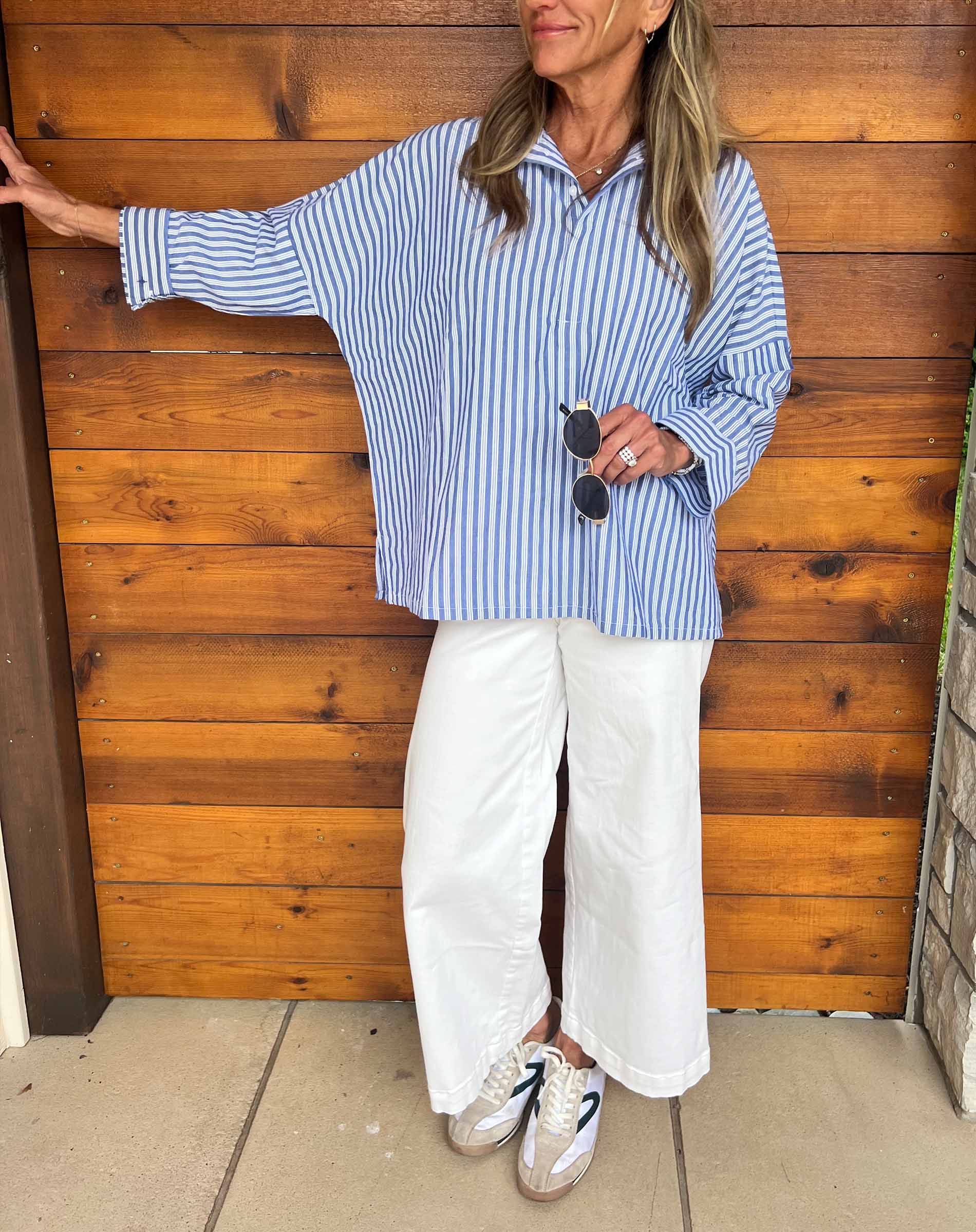 Women's Blue Double Striped Checkered Top