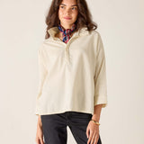 MERSEA ladies' travel-ready opal color relaxed fit cotton blend tunic top with a collar and buttons.