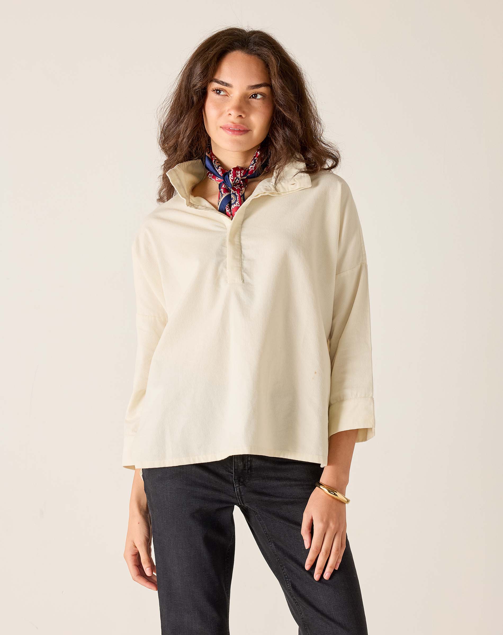 MERSEA ladies' travel-ready opal color relaxed fit cotton blend tunic top with a collar and buttons.