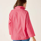 Person wearing a pink jacket on a plain background