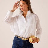 Women's travel-friendly white relaxed-fit cotton Emerson Tux top featuring pintuck detailing and pleated front panels.