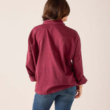 Back view of the burgundy Emerson Tuxedo linen shirt.