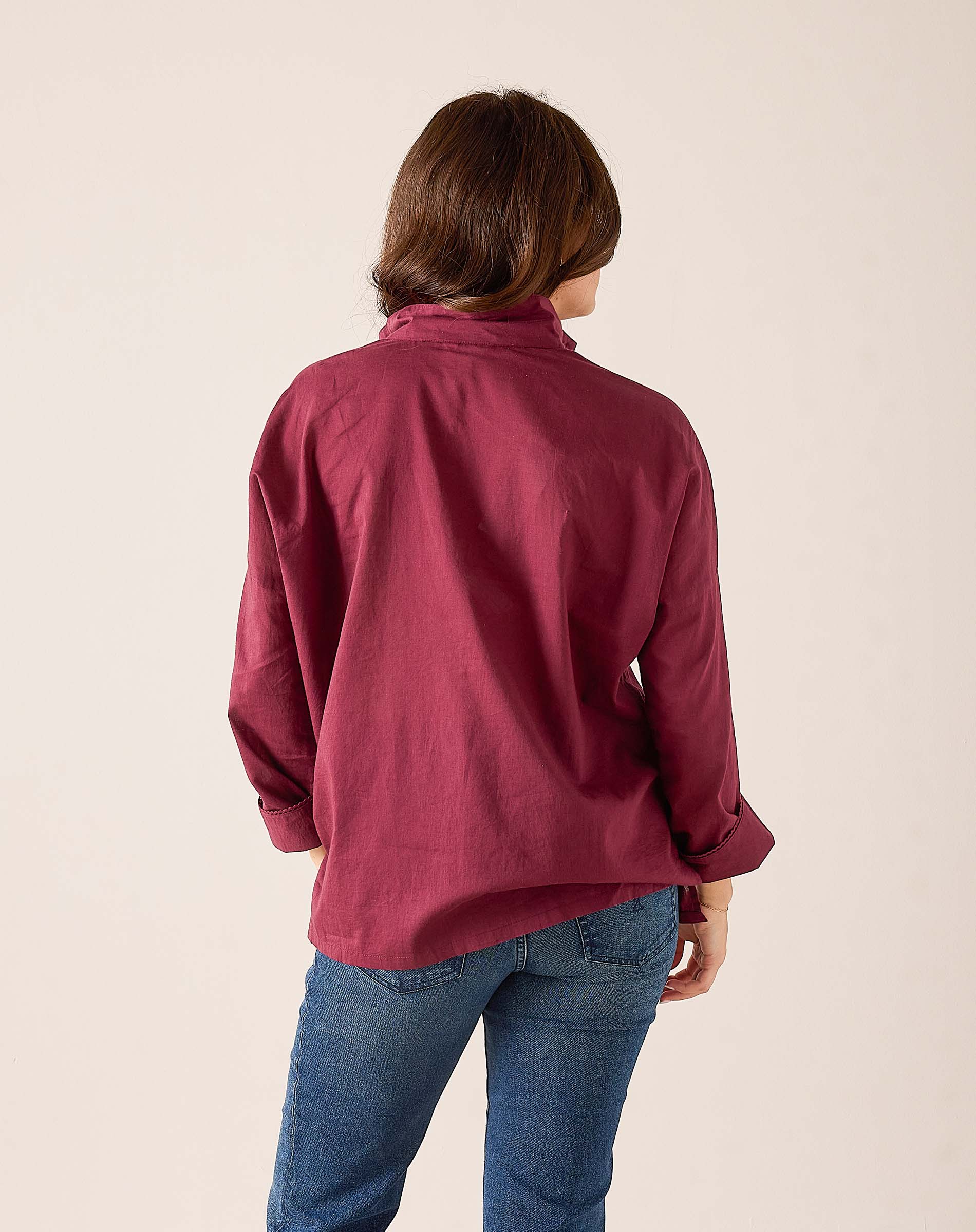 Back view of the burgundy Emerson Tuxedo linen shirt.
