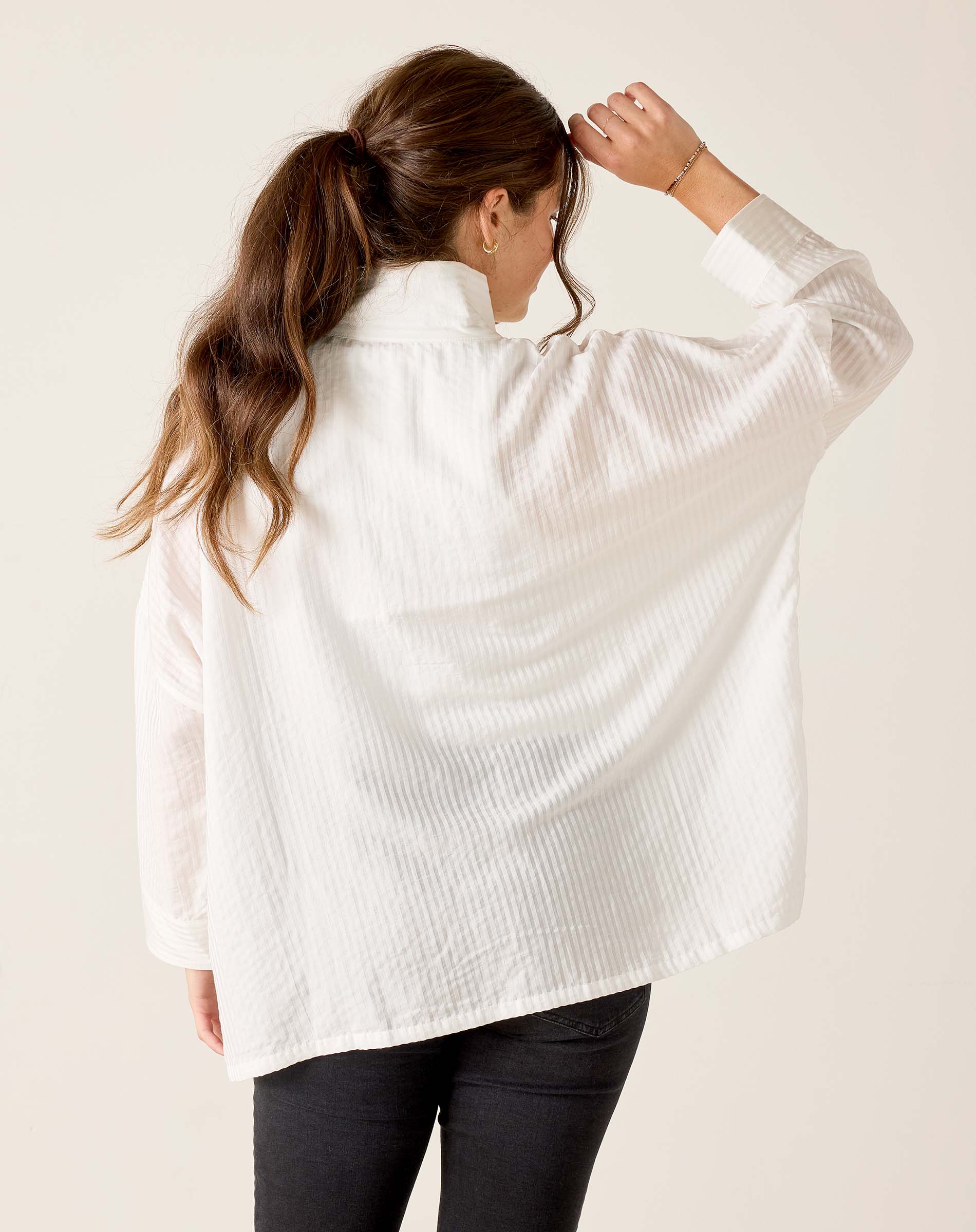 Women's White Striped Pop Up Collar Shirt