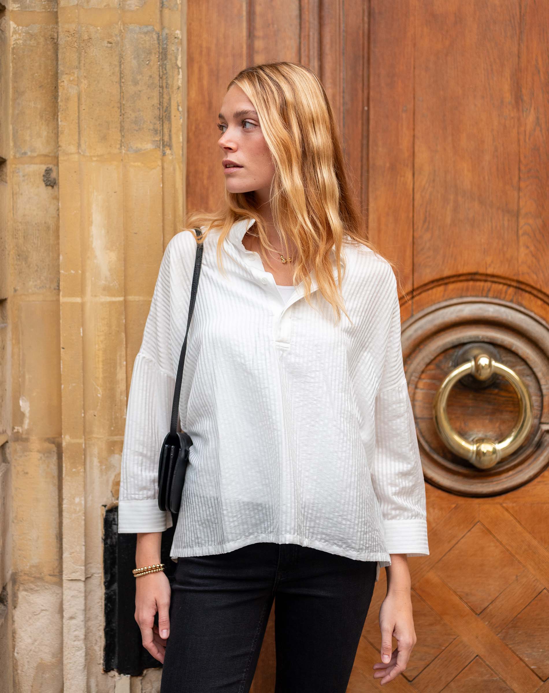 Women's White Striped Pop Up Collar Shirt