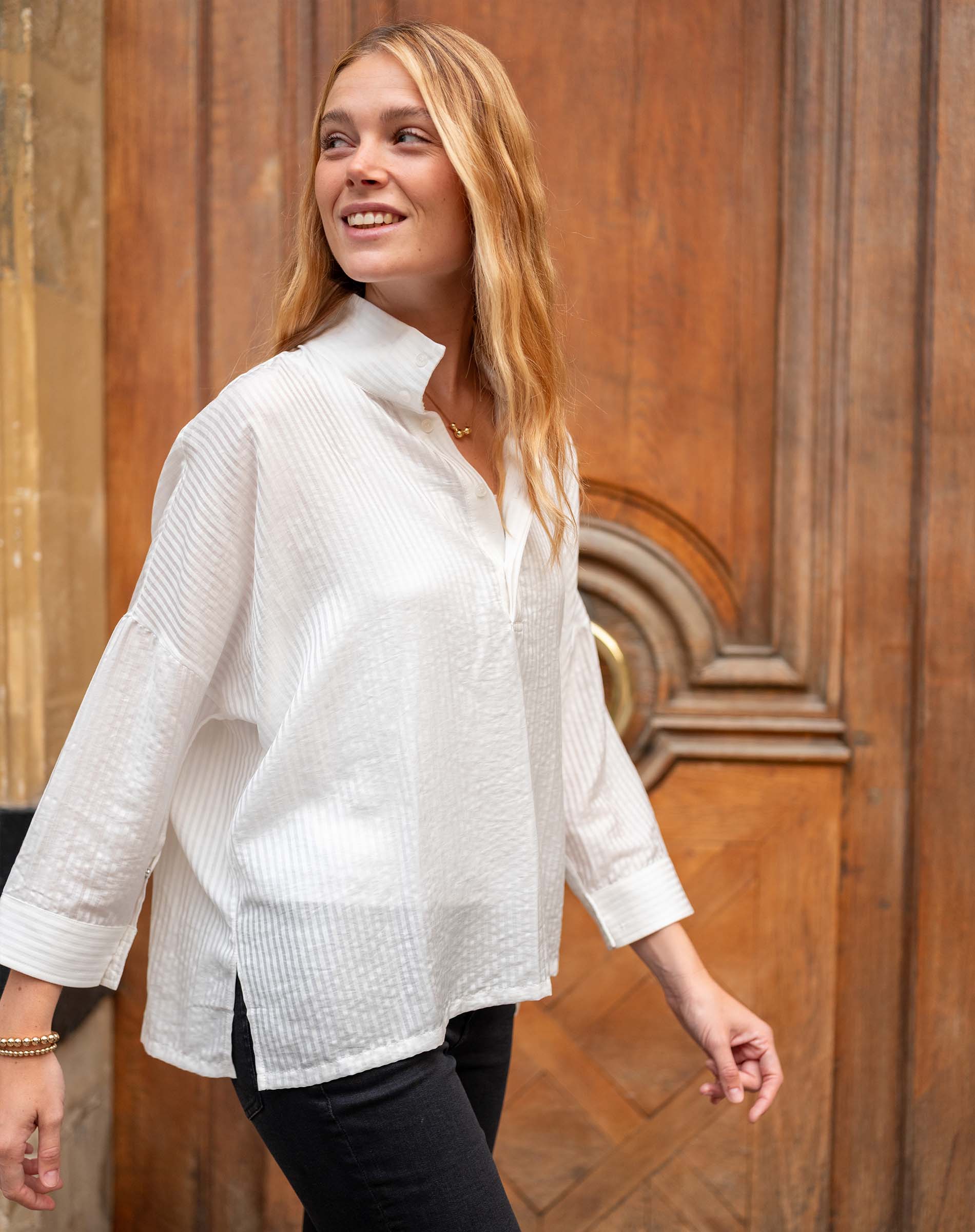 Women's White Striped Pop Up Collar Shirt