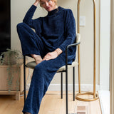 Navy chenille full-length pants with a cozy knit feel.