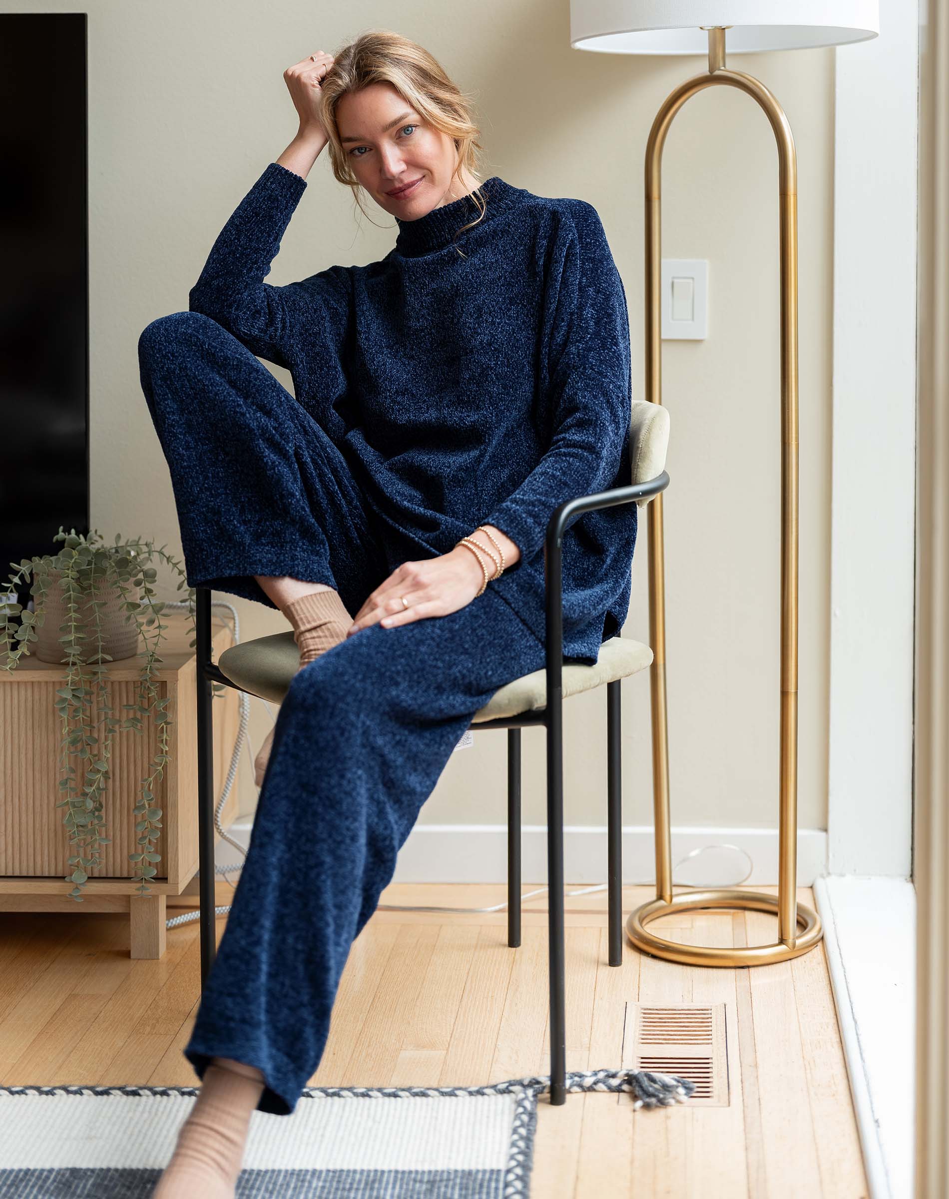 Navy chenille full-length pants with a cozy knit feel.
