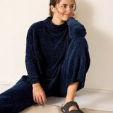 Navy chenille lounge pants featuring a relaxed fit and soft texture.