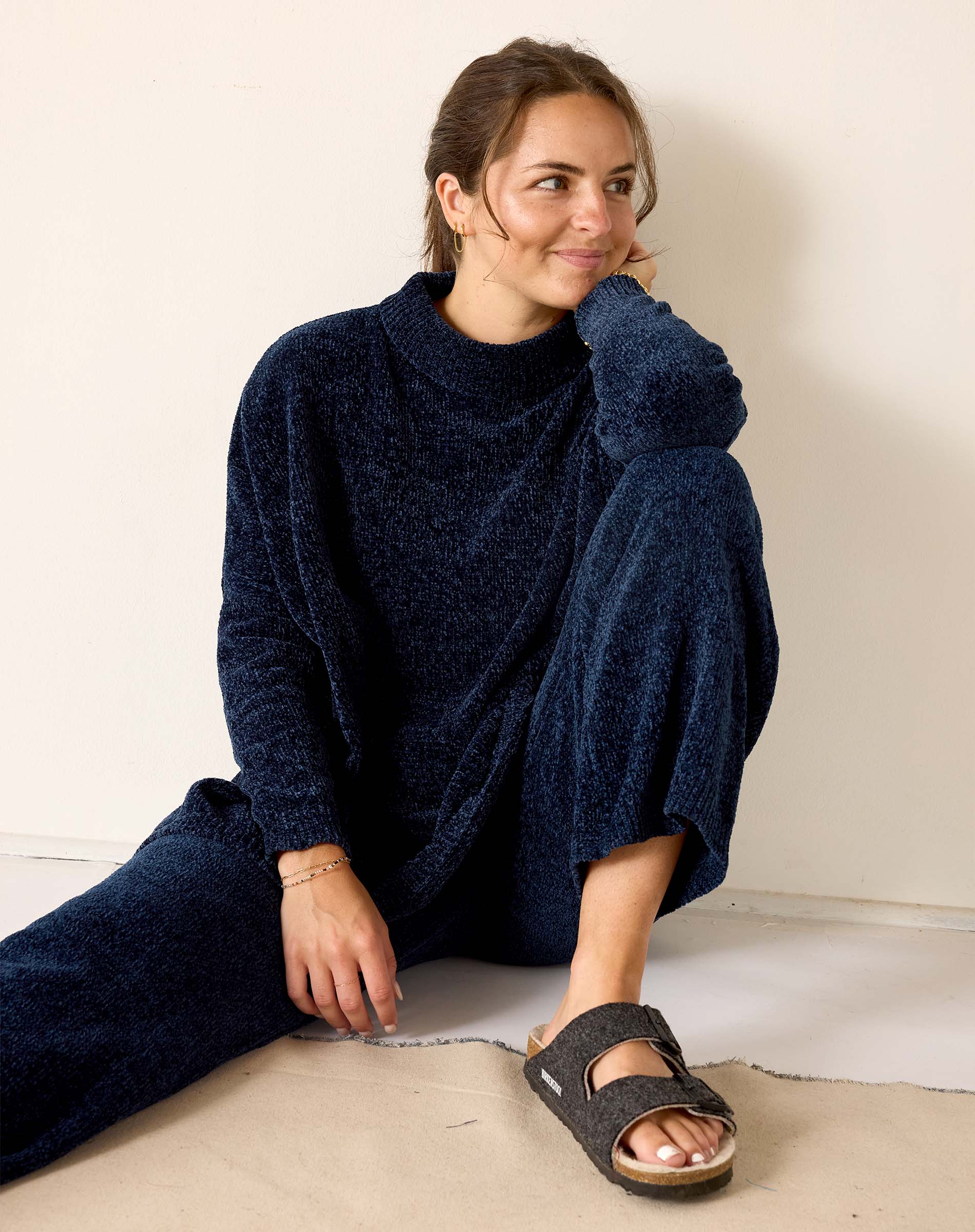 Navy chenille lounge pants featuring a relaxed fit and soft texture.