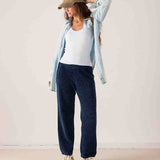 Women's travel-friendly navy blue chunky chenille knit pants featuring a relaxed fit and wide-leg silhouette.