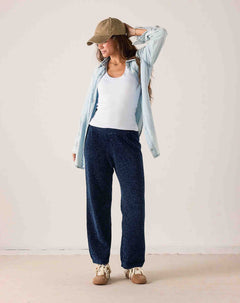 Women's travel-friendly navy blue chunky chenille knit pants featuring a relaxed fit and wide-leg silhouette.