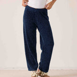 Navy blue chenille knit pants with a wide leg and relaxed fit.
