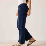 Navy blue chenille knit pants with wide legs and a relaxed fit.