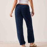 Navy blue chenille knit pants with a relaxed fit and wide-leg silhouette.