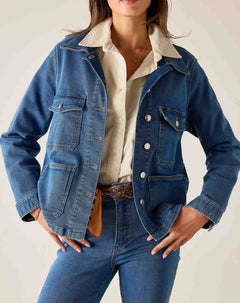 Medium blue denim field jacket with front pockets and a button closure.
