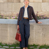 Navy blue paisley print jacket in a relaxed fit with decorative buttons.