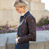 Navy blue patterned knit jacket with button details.