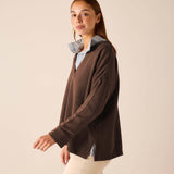 Espresso brown knit top with a wide neckline and long sleeves.