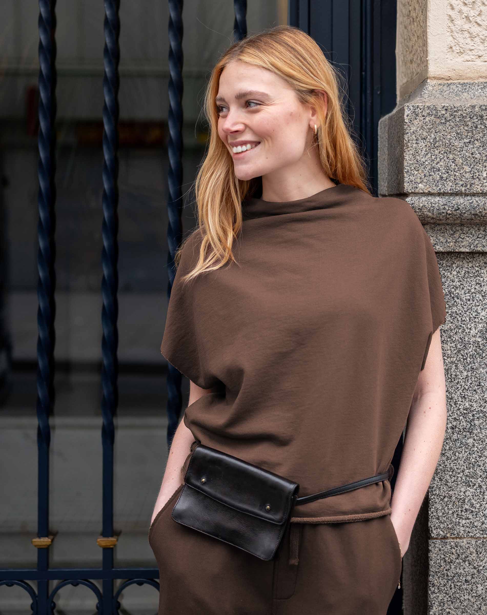 Espresso dolman top with wide sleeves and a relaxed fit