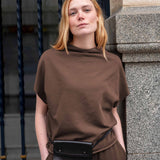 Espresso brown dolman sleeve knit top with a wide neckline